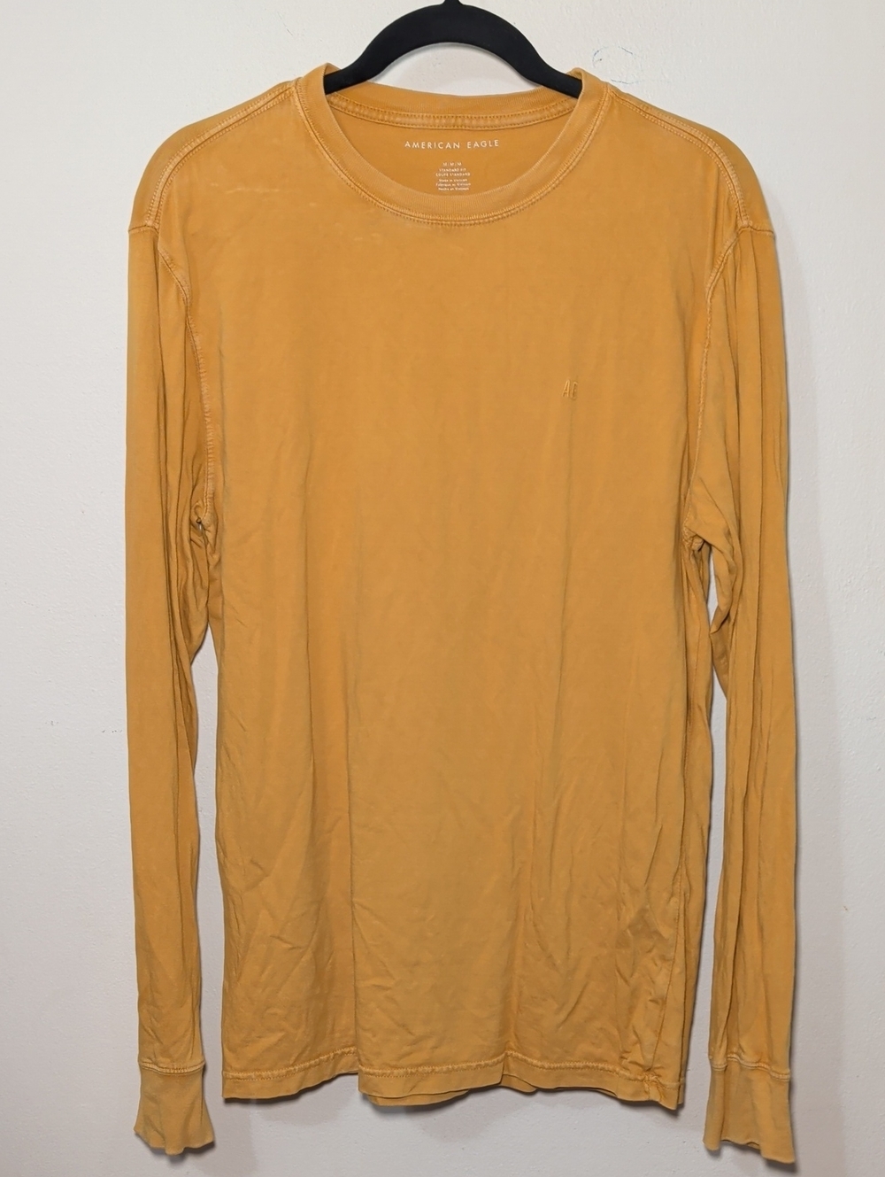 American Eagle Men's Long-Sleeve Crewneck Shirt Yellow 100% Cotton Size M